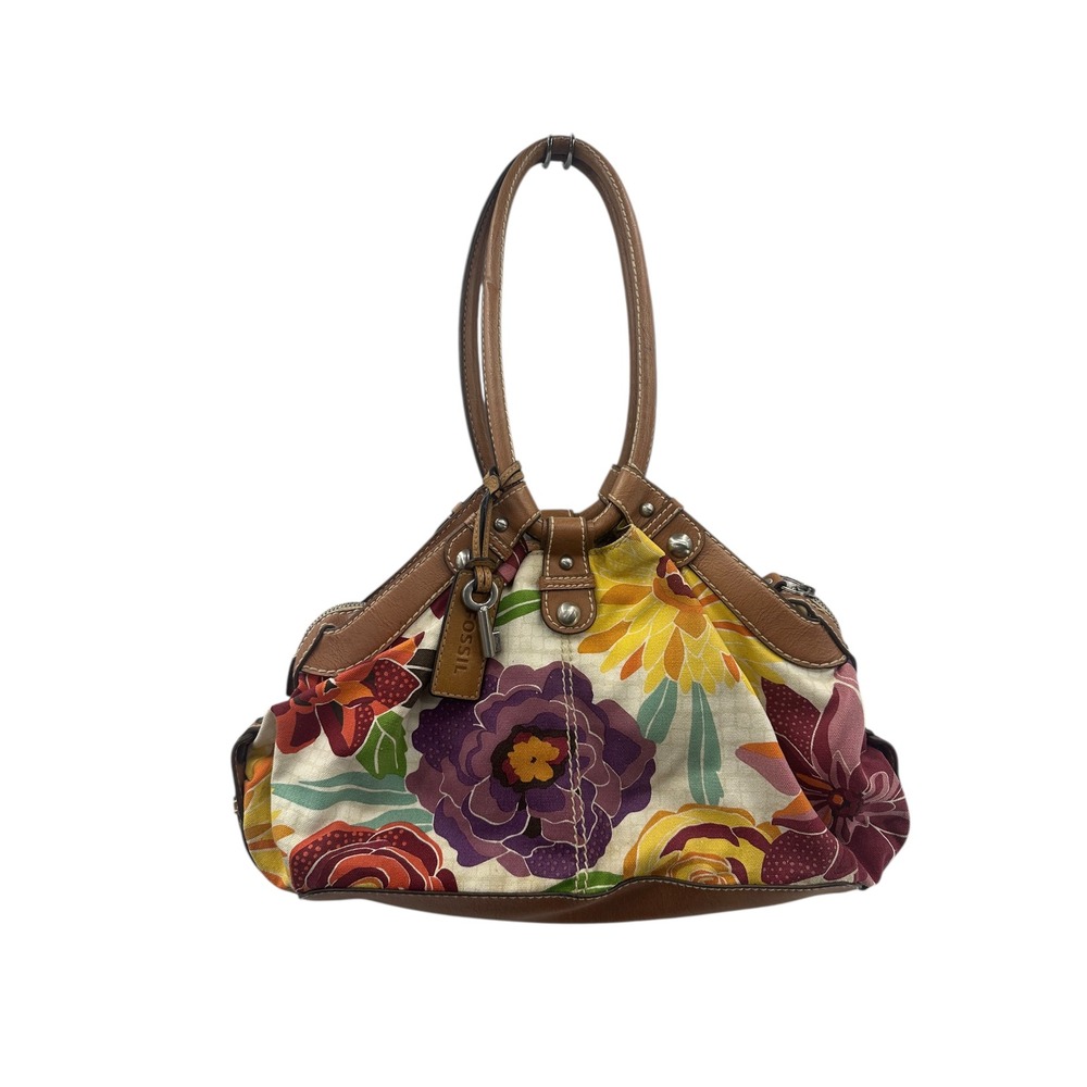 Fossil Floral Print‎ Canvas Handbag Purse Satchel Brown Leather Trim